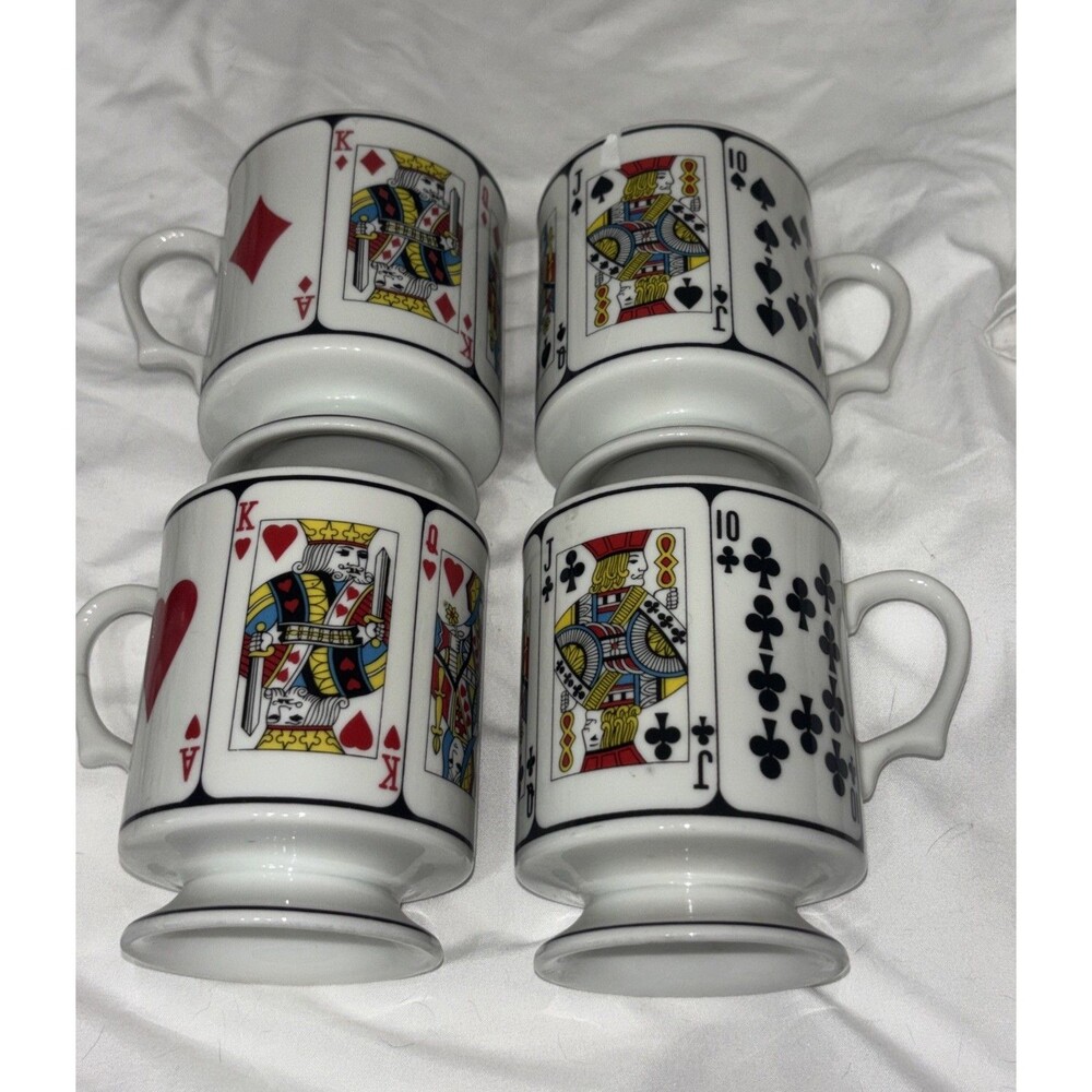 Set 4 Playing Card Coffee Footed Cups Mugs Japan Heart Spade Diamond Club Lot